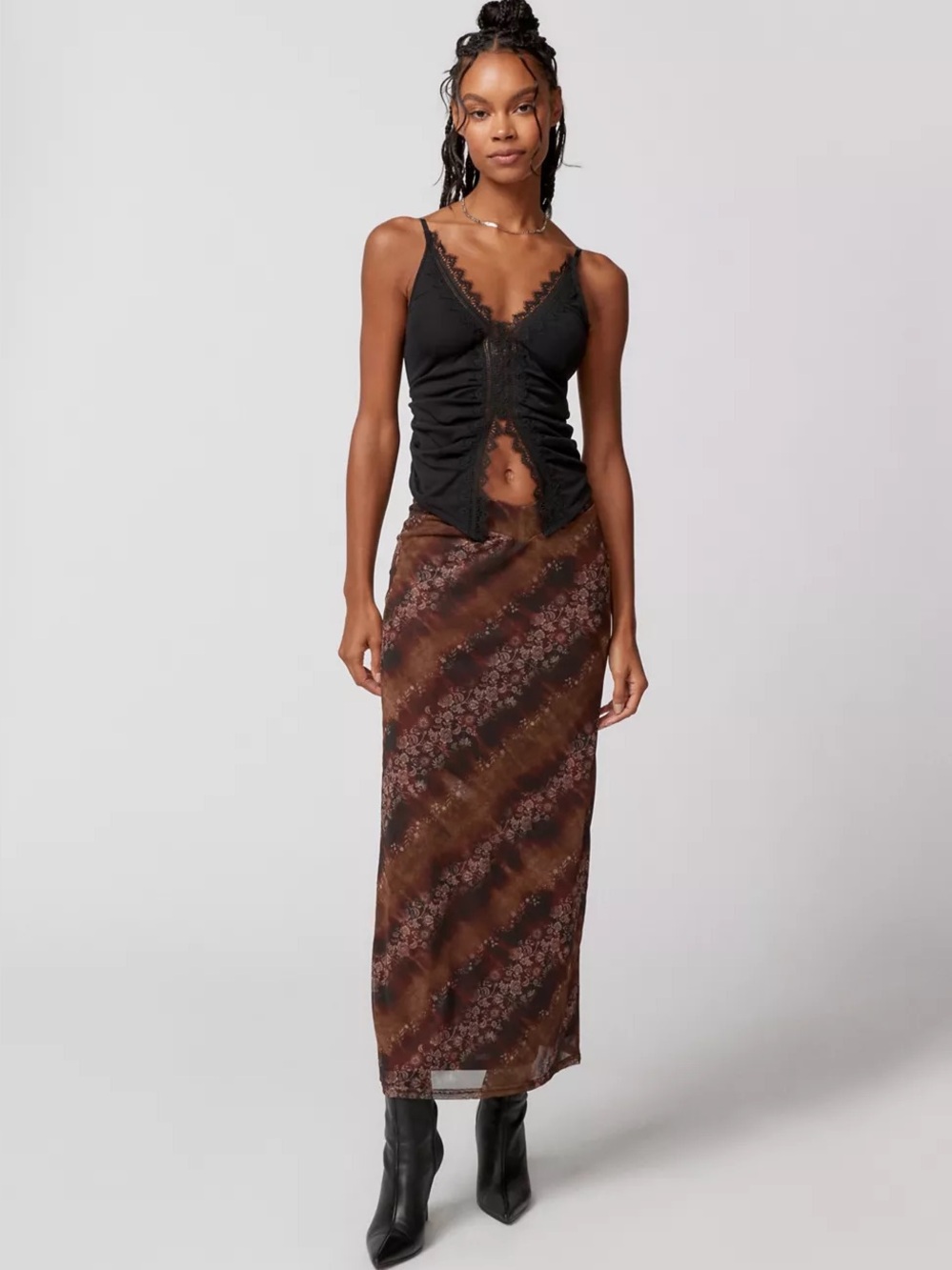 UO Fairy Grunge Y2K Brown Floral Mesh Maxi Skirt Small Whimsigoth Boho Festival